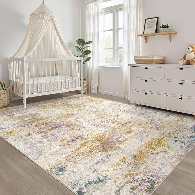 7x9 Area Rug Living Room: Washable Large Neutral Rug Abstract Soft Modern Stain Resistant Indoor Floor Non-Slip Carpet for Bedroom Nursery Kids Classroom Playroom Dining Room- Gold Multi
