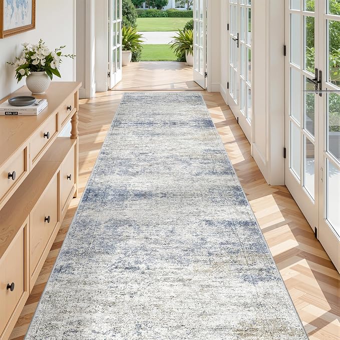 3x12 Runner Rug Non Slip,Washable Hallway Runner Rug,Blue | Carpet Runners for Hallway 12ft,Entryway,Bedroom,Living Room,Thin,Soft, Long Rug,Stain Resistant Indoor Carpet