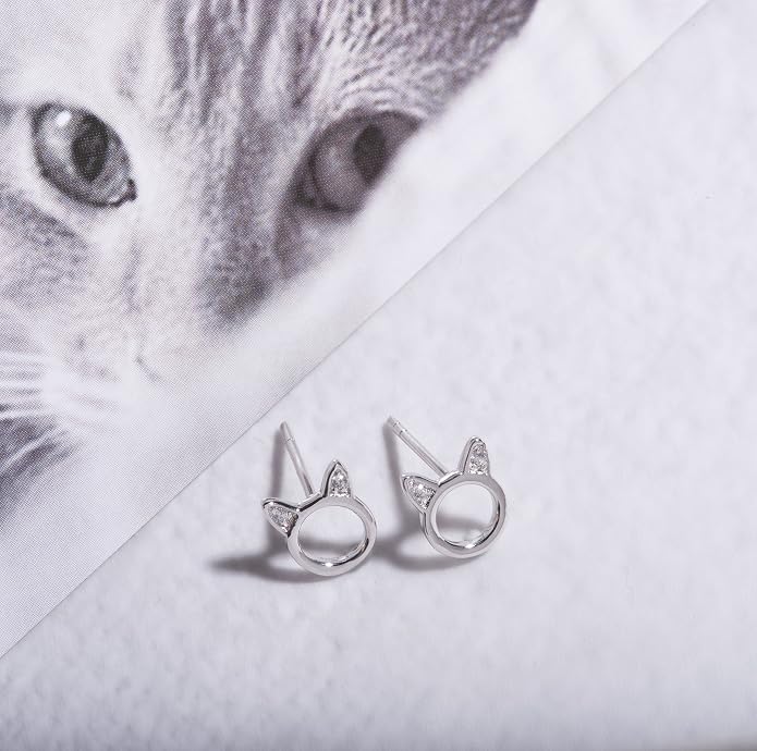 Cat Stud Earrings for women Sterling Silver Hypoallergenic Tiny Small Cute Gold Plated Cubic Zirconia Earrings for Women Girls Birthday Gifts