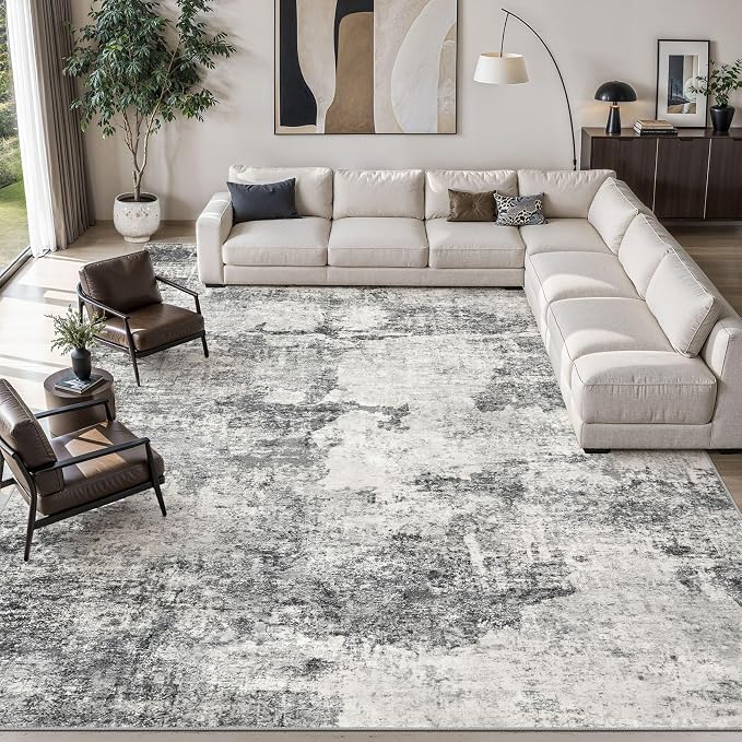 DMOYEST 12x15 Area Rug for Living Room, Washable & Non Slip Large Indoor Carpet, Kid & Pet Friendly Soft Thin Low Pile Abstract Rug for Bedroom and Office - Grey