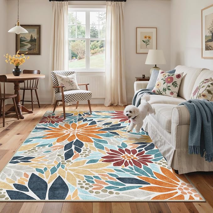 GENIMO 8x10 Outdoor Rug, Washable for Patio and Deck, Rust Blue | Floral design for backyard; fade resistant chenille with quick-dry non-slip backing for indoor living rooms