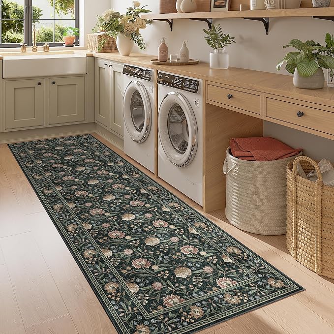 DUKINO 2x6 Runner Rug, Washable Vintage Floral Kitchen Rug, Dark Green | Non Slip, Low Pile, Non-Shedding, Stain Resistant Soft Carpet Runner for Hallway Bathroom Entryway Bedroom Laundry Farmhouse