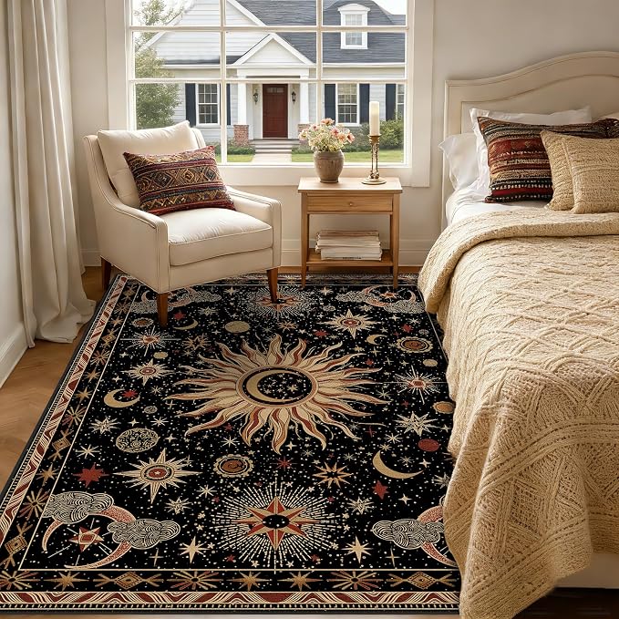Vacuum-Friendly, 5x7 Washable Area Rug, Black Gold Beige Red | Sun and Moon Boho Gothic Non-Slip Low Pile Living Roon Bedroom Dining Room Kitchen Entry Entryway Entrance Hallway Doormat