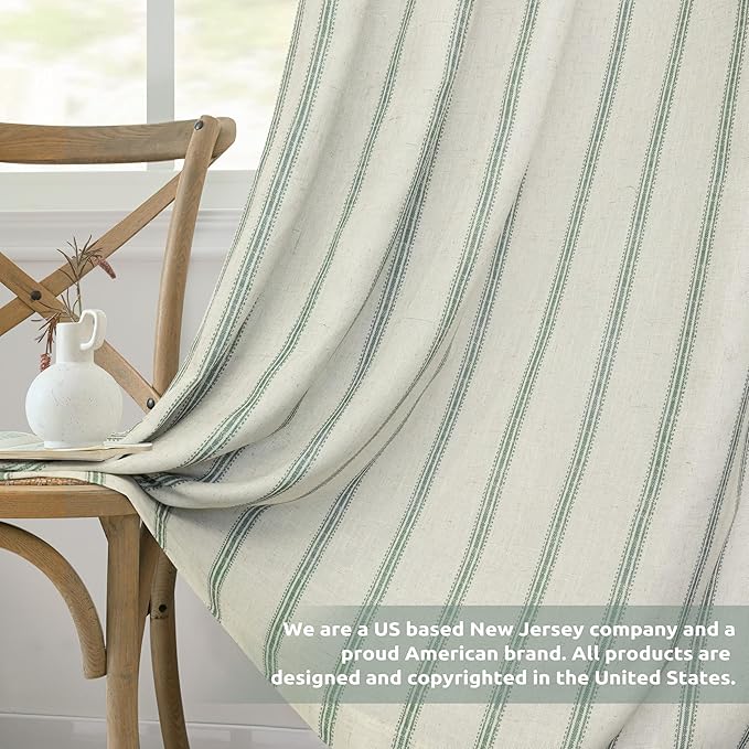 DriftAway Farmhouse Stripe Blackout Curtains, W52xL84, Loden Green | Blackout, Linen Texture, Stripe Pattern, Rod Pocket & Back Tab, Two Layers, Bedroom Living Room Use, Sound Reducing Design