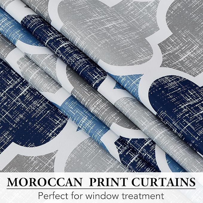 Beauoop Moroccan Valance Curtains for Kitchen Cafe Blue Grey 52x18 1 Panel | Geometric Blackout Short Curtains for Living Room Bedroom 18 Inch Length Thermal Quatrefoil Small Window Curtains Rod Pocket