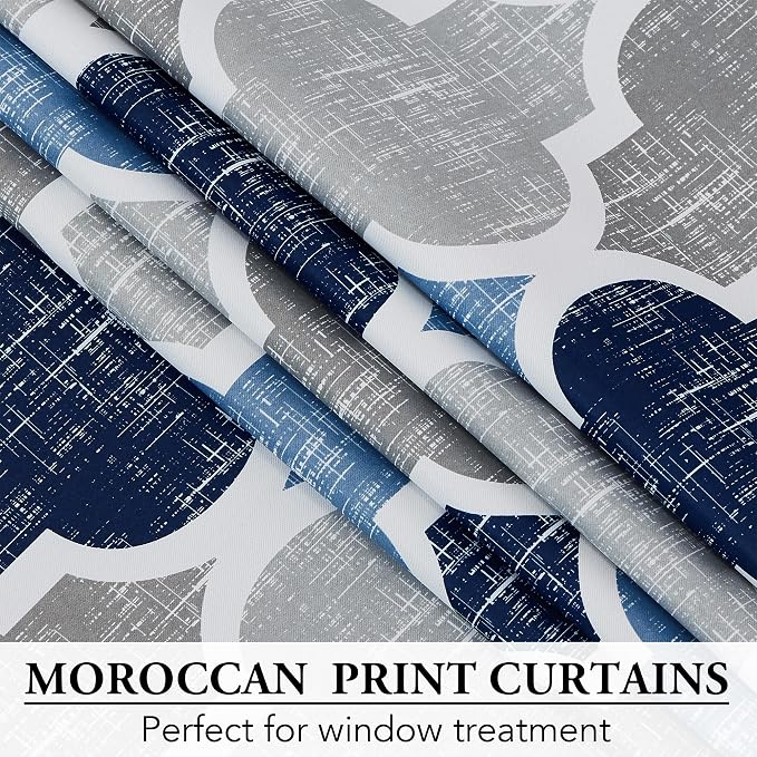 Beauoop Moroccan 100% Blackout Sliding Door Curtains Blue Grey 100x96 1 Set | Geometric Room Darkening Patio Curtains Extra Wide Room Divider Drapes Thermal Soundproof Lattice Window treatment Grommet