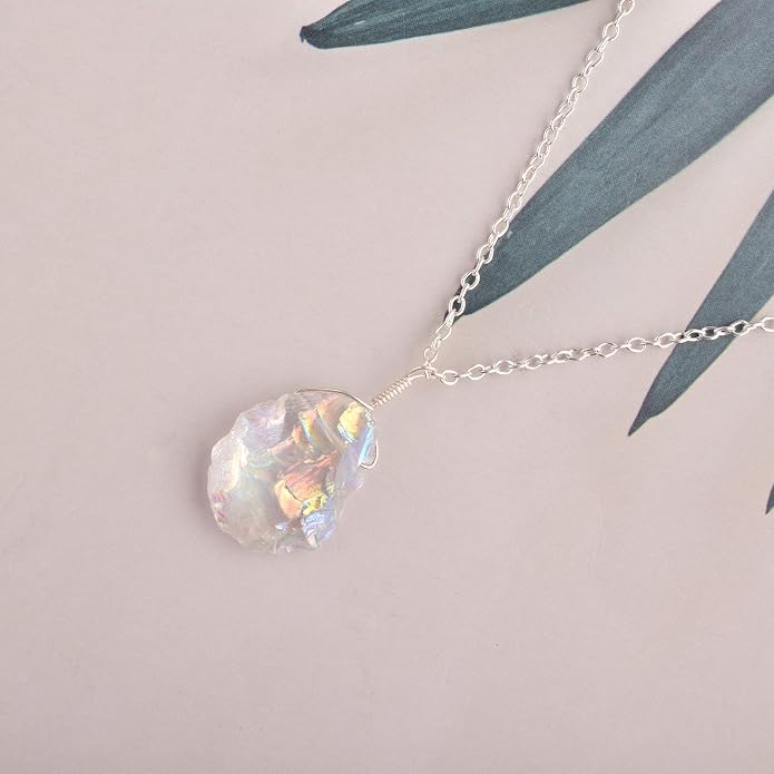 Natural Angel Aura Quartz Crystals Pendant Necklace, Cabochon Gemstone, Energy Healing Crystals, Birthday, Gift for Her, Gemstone Jewelry 18 inch AAA+ Quality