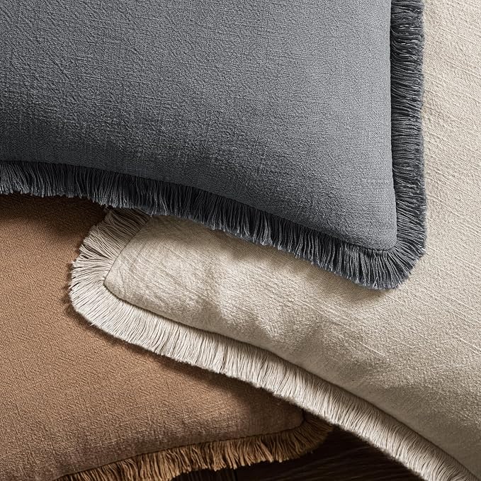 MIULEE Decorative Throw Pillow Covers Neutral Linen Fringe Throw Pillows Set of 2 Grey Boho Farmhouse Cushion Covers with Tassels for Couch Sofa Bed Living Room Spring Decor 18x18 Inch