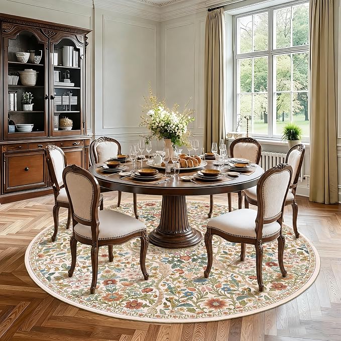 Round Rug 7ft Beige Washable Floral Circle Rug,Vintage Boho Botanical Round Area Rugs, Non-Slip Soft Low-Pile Circular Carpet for Bedroom,Kids Room,College Dorm,Home Decor
