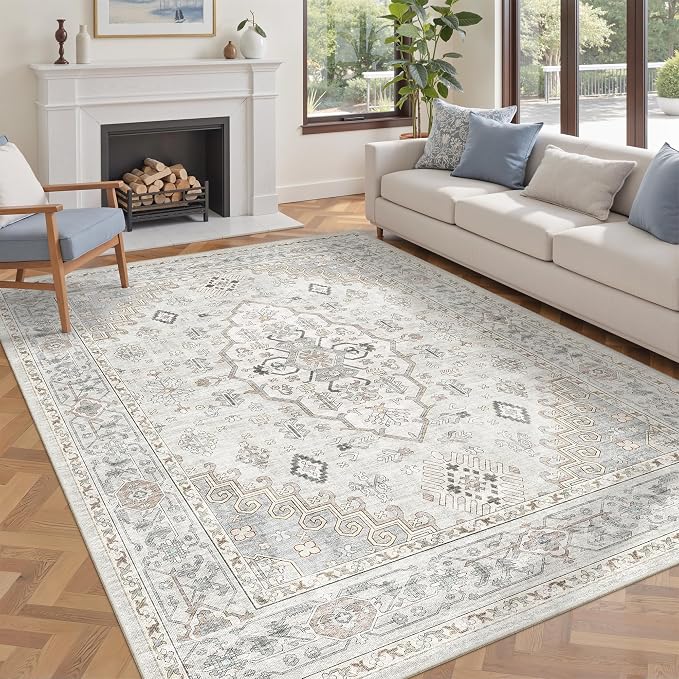 befbee 5x7 Area Rugs for Living Rooms, Stain Resistant Neutral Washable Rugs for Dining Rooms, Floral Vintage Non-Slip Thin Large Size Area Rug(Light Grey)