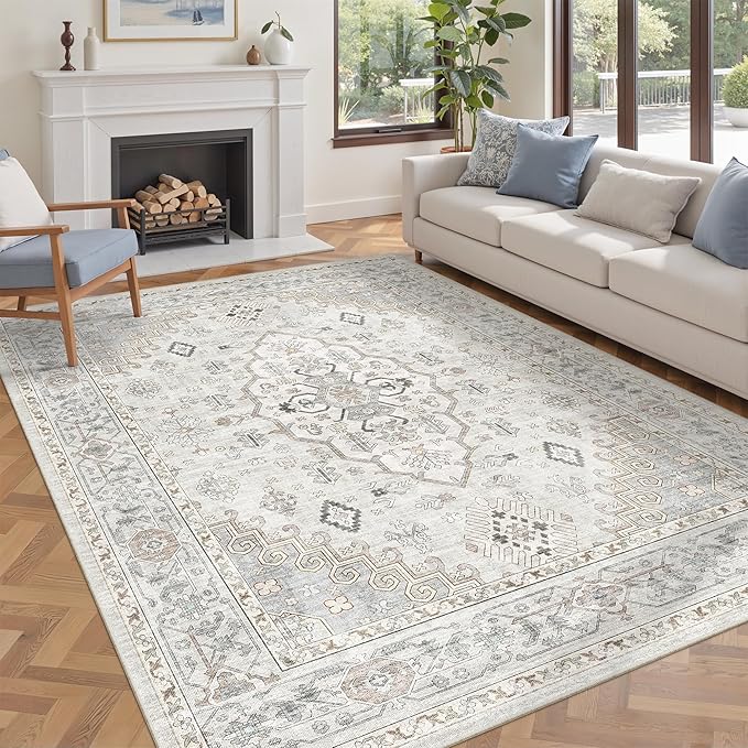 befbee 6x9 Area Rugs for Living Rooms, Stain Resistant Neutral Washable Rugs for Dining Rooms, Floral Vintage Non-Slip Thin Large Size Area Rug(Light Grey)