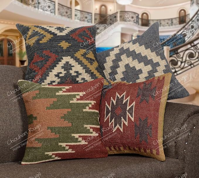 Chouhan Rugs 4 PCS Set of Hand Woven Jute Kilim Cushion Cover Indian Vintage Pillows 18X18 Rug Boho Shams (Pattern 3)