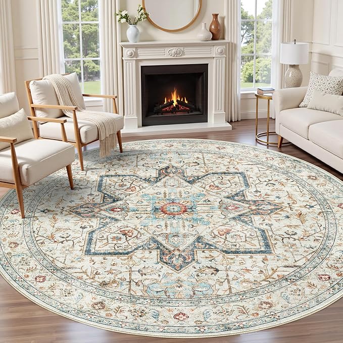 Tortania 10' Round Area Rug Living Room Rugs - Washable Boho Rug Vintage Oriental Distressed Farmhouse Large Thin Indoor Carpet for Bedroom Under Dining Table Home Office - Aqua Multi