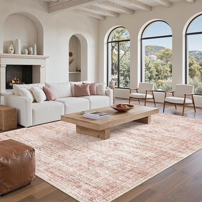Soalmost 5x7 Area Rugs Pink Low Pile Indoor Washable Trendy Faded Style Rugs for Bedroom Living Room Dining Room Foldable Non-Slip Thin Print Mat