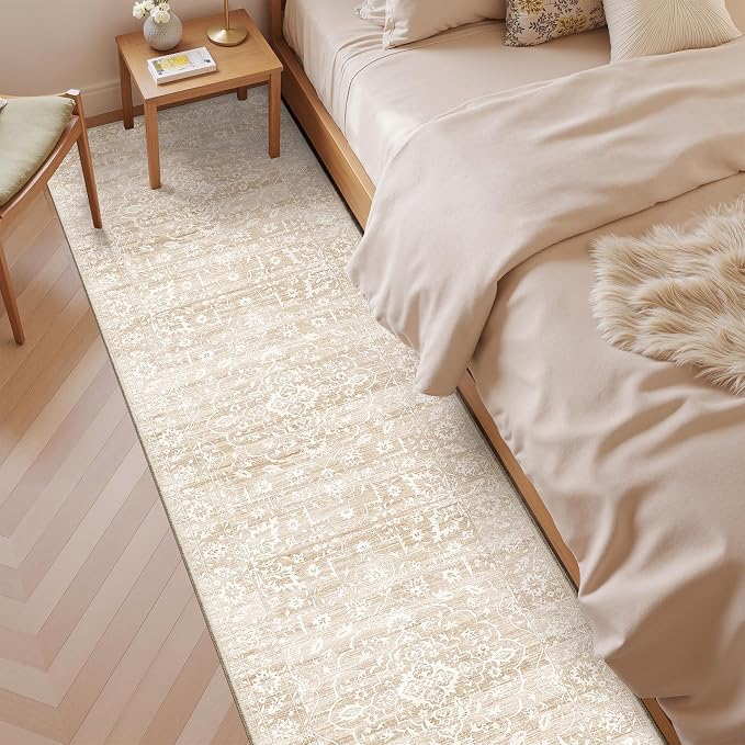 Soalmost 2.5'x8' Runner Rugs for Hallway, Washable Kitchen Runner Rug Beige | Vintage Non-Slip Soft 2'6"x8' Carpet Runner with Rubber Backing for Entryway Laundry Bedroom Farmhouse