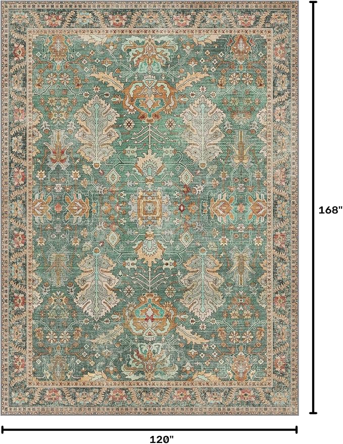 Bavni 10x14 Area Rugs for Living Room, Machine Washable Rug Lightweight Low Pile, Chenille Non Slip Rug Boho Print Decorative Carpet for Bedroom Dinning Room, Sage/Gold
