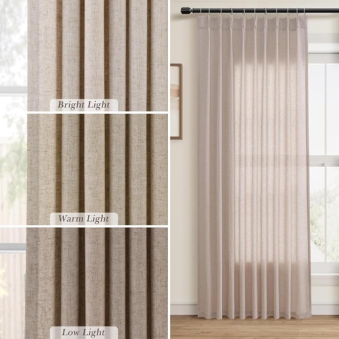 Aersas Oatmeal Pinch Pleat Linen Curtains 120 Inch Length 2 Panels Set for Bedroom Dinging Room Semi Sheer Boho Farmhouse Neutral Window Curtains 120 Inches Long for Living Room Nursery 40x120