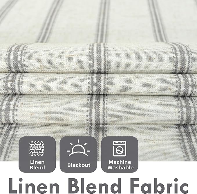 DriftAway Farmhouse Stripe Blackout Curtains, W52xL84, Gray | Blackout, Linen Texture, Stripe Pattern, Rod Pocket & Back Tab, Two Layers, Bedroom Living Room Use, Sound Reducing Design