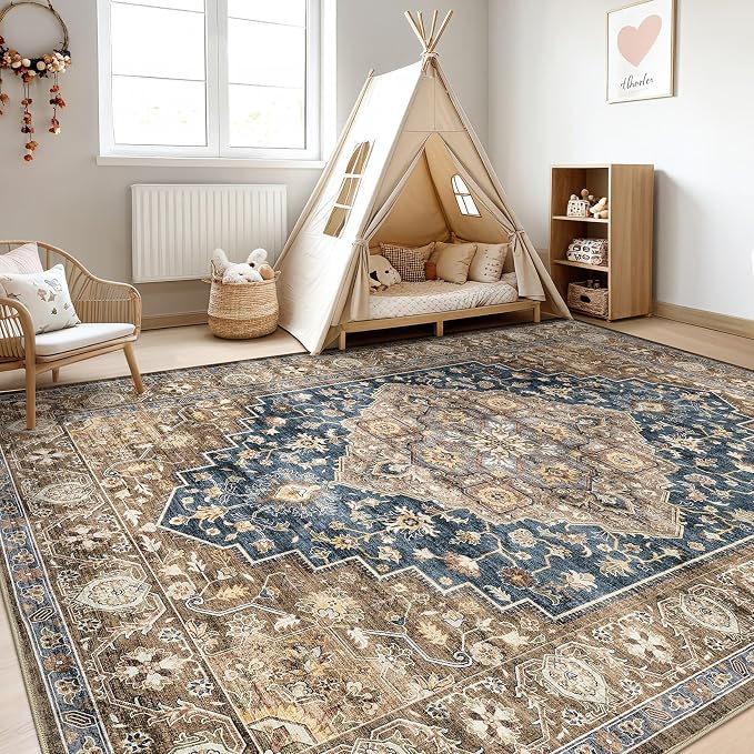 10x12 Area Rug Living Room: Washable Boho Large Neutral Vintage Soft Rugs Stain Resistant Farmhouse Non-Slip Indoor Floor Carpet for Bedroom Nursery Kids Office Dining Room Playroom- Yellow Blue