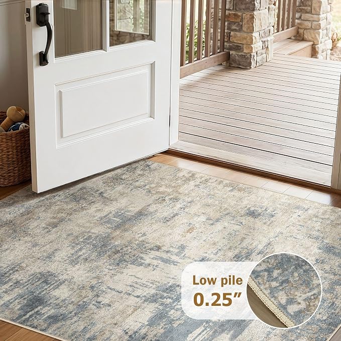 cotiled 3x5 Washable Rug Abstract Soft Non Slip Entryway Rugs | Stain Resistant, Robot Vacuum & Pet Friendly, Low-pile, For Living Room, Bedroom, Dining Table, Nursery Light Blue