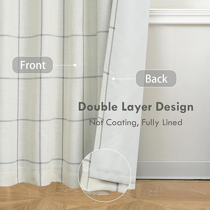 DriftAway 100% Blackout Plaid Linen Curtains 63 Inches Long 2 Panels Gray | 100% Blackout, Linen Texture, Plaid Pattern, Two Layers, Rod Pocket & Back Tab, Bedroom Living Room Use, Luxury Appearance