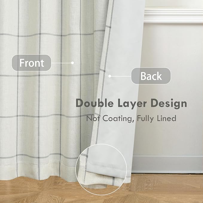 DriftAway 100% Blackout Plaid Linen Curtains 84 Inches Long 2 Panels Gray | 100% Blackout, Linen Texture, Plaid Pattern, Two Layers, Rod Pocket & Back Tab, Bedroom Living Room Use, Luxury Appearance