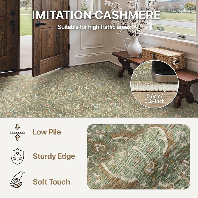 BESBLEE 6X9 Area Rugs Machine Washable Rugs for Living Room, Vintage Boho Large Rugs for Bedroom Dining Room, Non Slip Indoor Soft Distressed Lightweight Thin Low Pile Carpet, Deep Green