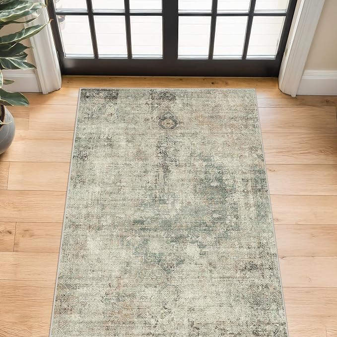Moss Green Farmhouse 3x5 Large Entryway Rugs Indoor - Non Slip Washable Area Rug for Kitchen, Laundry Room, Low Pile Soft Carpet for Bedroom, Stain Resistant Vintage Indoor Decor