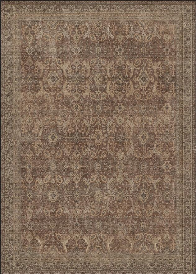 BESBLEE 10X14 Area Rugs Machine Washable Rugs for Living Room, Vintage Boho Large Rugs for Bedroom Dining Room, Non Slip Indoor Soft Distressed Lightweight Thin Low Pile Carpet, Rustic Brown