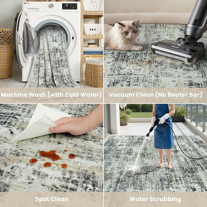 10x14 Area Rugs for Living Room Washable Rug: Anti-Skid Abstract Modern Living Room Rug Soft Thin Carpets Indoor Floor Non-Shedding Carpet for Bedroom Dining Farmhouse Nursery Black Gray Gold