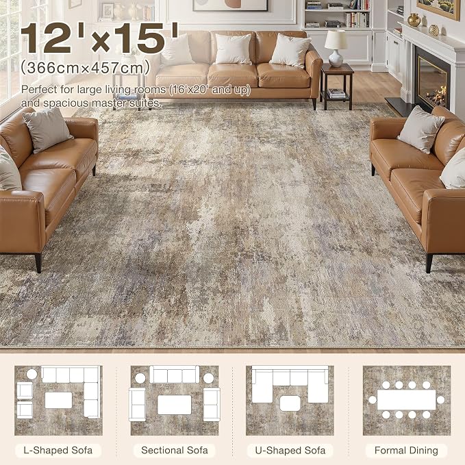 12x15 Area Rugs for Living Room, 12x15 Rug Washable High-Low Pile | Neutral Modern Abstract Carpet, Non Slip Lightweight Soft Made for Dining Room, Home Office Indoor Decor - Dark Brown