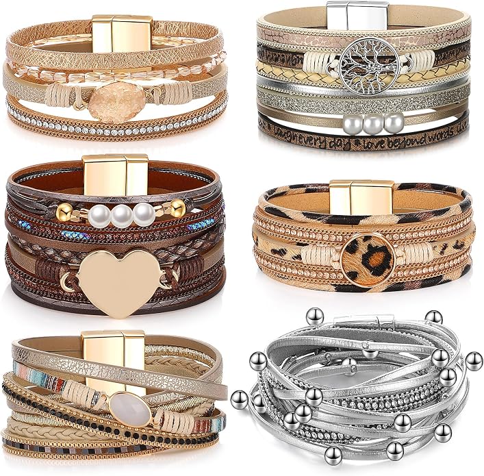 Yinkin 6 Pcs Boho PU Leather Wrap Bracelets for Women Stack Multi Layer Bohemian Cuff Bracelets trendy Jewelry Gifts