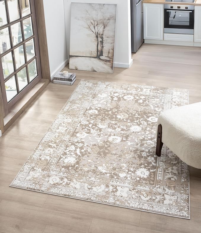 Amber Traditional Floral Area Rug for Living Room, 8x10 Vintage Persian Large Beige Neutral Rug, Medium Pile Stain Resistant Carpet for Bedroom, Dining Room or Kitchen (8' x 10', Beige)