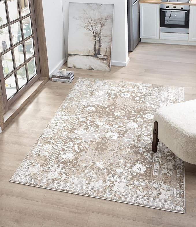 Amber Traditional Floral Area Rug for Living Room, 6x9 Vintage Persian-Inspired Beige Neutral Rug, Medium Pile Stain Resistant Carpet for Bedroom, Dining Room or Kitchen (6' x 9', Beige)