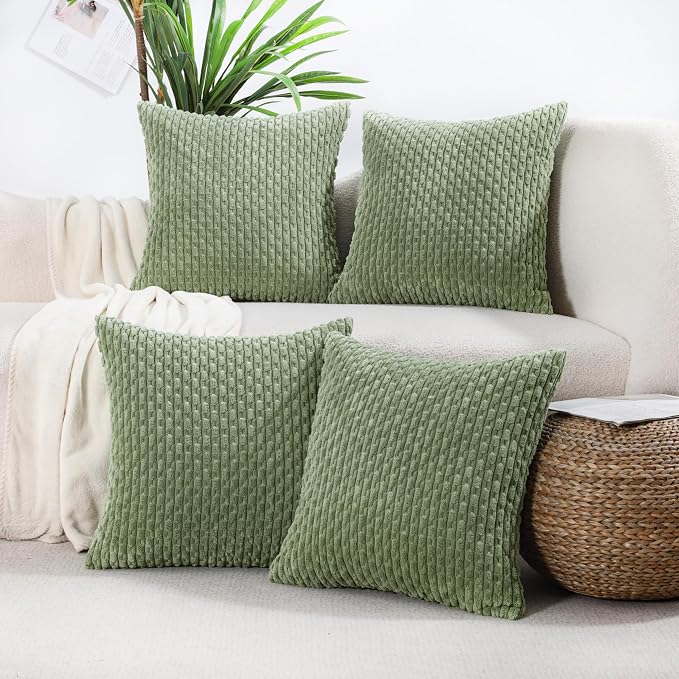 VAKADO Couch Sage Green Decorative Throw Pillow Covers 20x20 Set of 4 Spring Boho Corduroy Neutral Home Living Room Farmhouse Rustic Cushion Case Decor Square for Bed Sofa