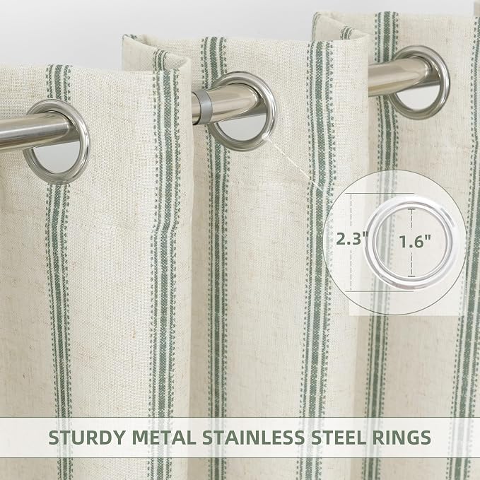 DriftAway Farmhouse Stripe Blackout Curtains, W52xL63, Loden Green | Blackout, Linen Texture, Stripe Pattern, Rod Pocket & Back Tab, Two Layers, Bedroom Living Room Use, Sound Reducing Design