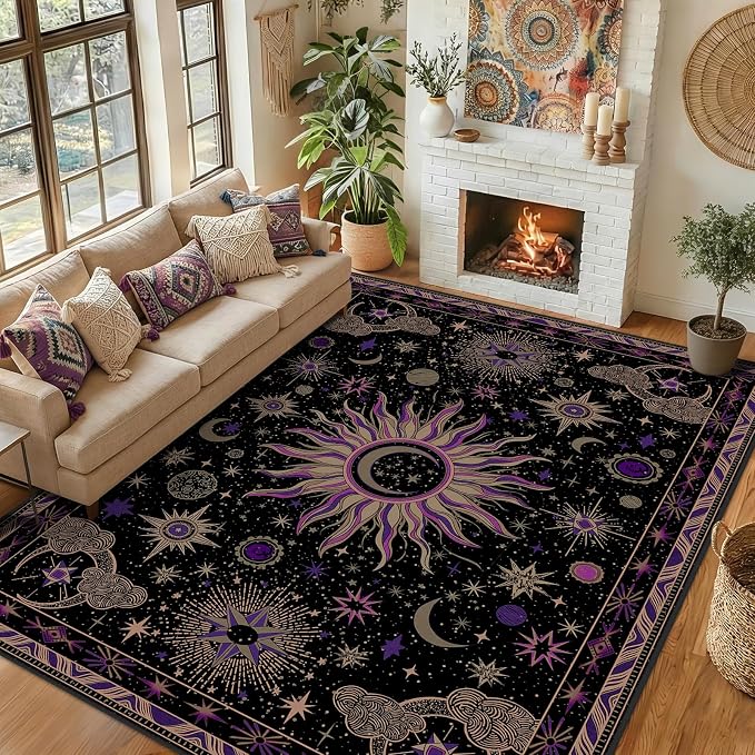 Vacuum-Friendly, 9x12 Washable Area Rug, Black Purple Beige | Sun and Moon Boho Gothic Non-Slip Low Pile Living Roon Bedroom Dining Room Kitchen Entry Entryway Entrance Hallway Doormat
