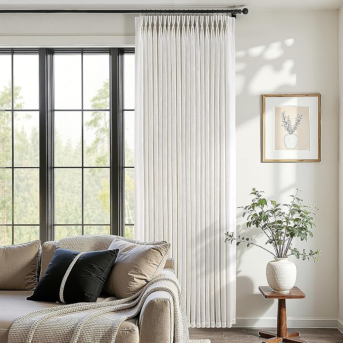 60 Inch Extra Wide Pinch Pleated Curtains 96 Inch Length for Living Room Large Window Drapes Light Filtering Privacy for Bedroom Back Tab with Hooks Clip Rings Natural 60W x 96L
