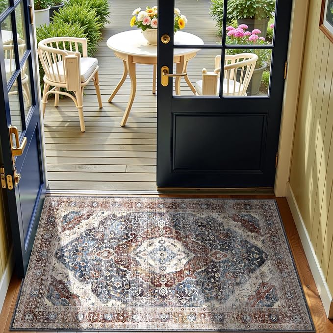 2x3 Washable Boho Rug Small Area Rugs for Entryway Bedroom Bathroom Kitchen Lliving Room, Soft Flower Rugs Low Pile Non-Slip Rubber Backing(Border Brown/Navy Blue)