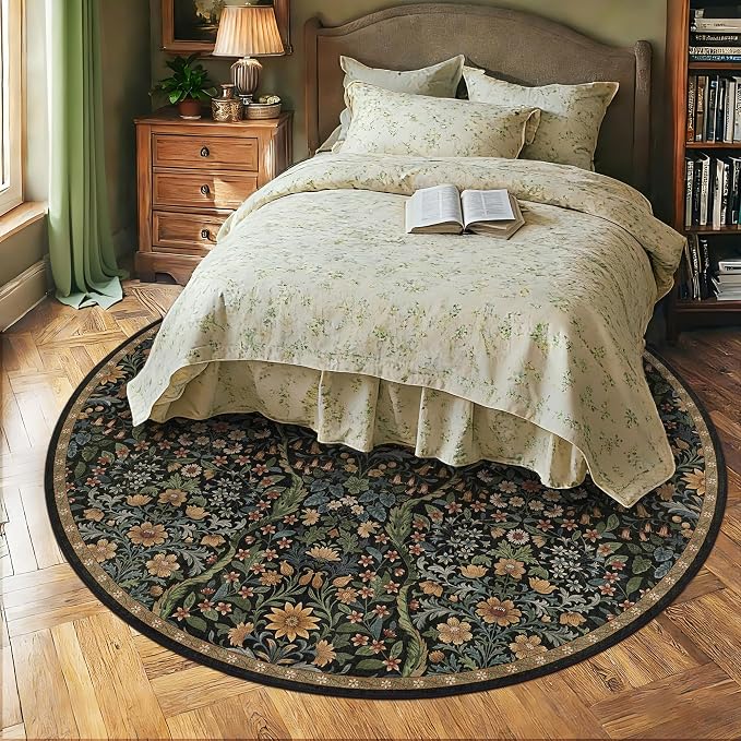 Round Rug 8ft Black Brown Washable Floral Circle Rug,Vintage Boho Botanical Round Area Rugs, Non-Slip Soft Low-Pile Circular Carpet for Bedroom,Kids Room,College Dorm,Home Decor