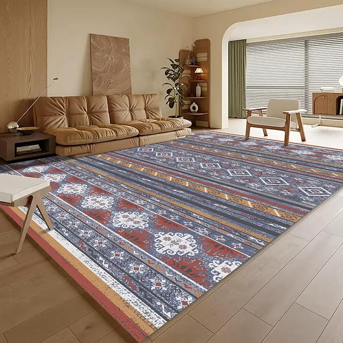 RUGSURE Washable Area Rugs 3' x 5 ' - 1/6 Thick - Moroccan-Inspired -Stain & Water Resistant Non-Slip - Resistant Rug for Living Room, Bedroom, Nursery, Pet & Child Friendly (Blue and Red)
