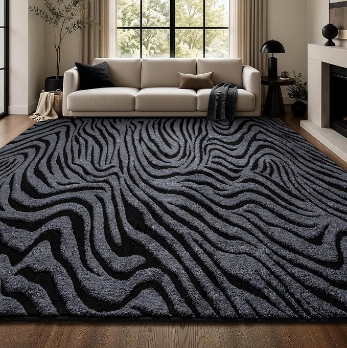 YIHOUSE 8×10 Ft Zebra Area Rugs Black and Grey: Washable Nonslip Plush Soft Rug for Living Room - High-Low Striped Carpet for Bedroom Dining Room Office Playroom Nursery Home Decor