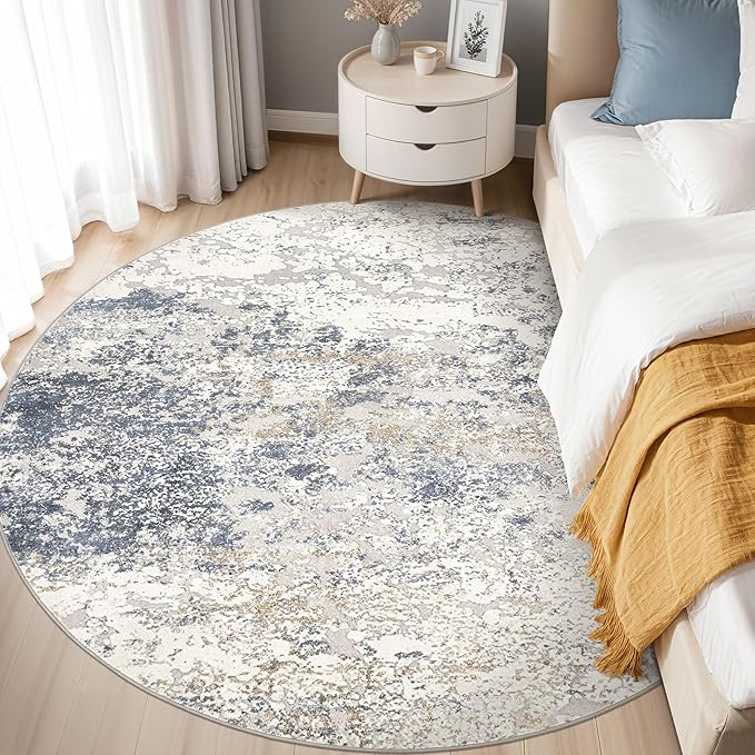 DMOYEST 6ft Round Area Rug Living Room Rugs - 6x6 Washable Large Soft Indoor Modern Abstract Low Pile Rug Carpet for Bedroom Dining Room Farmhouse Home Office - Beige Blue