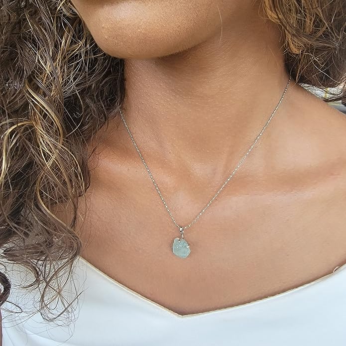 Natural raw gemstone pendant chain necklace with white gold over 925 solid sterling silver, birthstone dainty solitaire gift for her, uniquelan jewelry