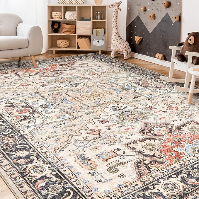 9x12 Area Rugs for Living Room - Large Carpet Ultra Thin Soft Washable Oriental Vintage Floral Distressed Rug Big Indoor Carpets for Bedroom Nursery Dorm Home Decor Aesthetic - Multi