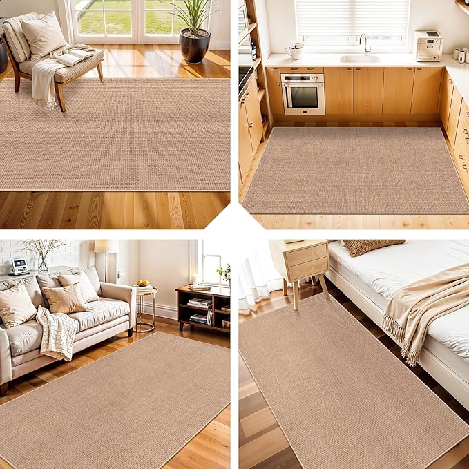 3x5 No Shed Jute Rug:Machine Washable Non Slip Entryway Front Porch Kitchen | Non Shedding Door Mat Area Rug - Neutral Farmhouse Low Pile Easy Care Carpet for Bedroom Living Room, Indoor Rugs (Beige,3x5)
