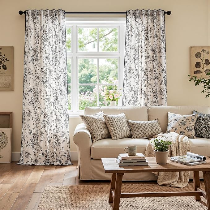 jinchan Floral Linen Curtains with Black Trim 96 Inch Back Tab 2 Panels | Light filtering drapes, semi sheer, french country, farmhouse, vintage, living room, bedroom, rod pocket, window treatment