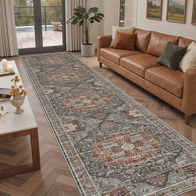 Roxstand Washable 2.6x12 Runner Rug, Non Slip Hallway Rugs Grey/Brown/Tan | Low Pile Rug with Stain Resistant Surface, Vintage Kitchen Runner for Kentryway, Living Room, Bedroom and Home Decor