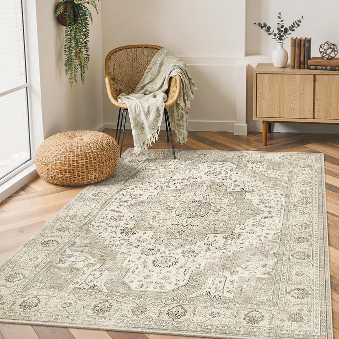 Roxstand Washable 3x5 Area Rug, Non Slip Rug for Entryway Ivory/Beige | Low Pile Vintage Rug, Stain Resistant, Non-Shedding Design, Pet & Kid Friendly, Carpet for Living Room, Bedroom, Dining Room