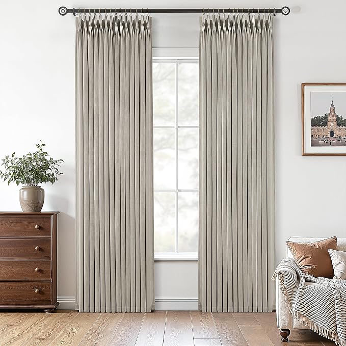 Grey Beige Pinch Pleated Linen Curtains 84 Inch Length 2 Panels for Living Room Bedroom Semi Sheer Window Drapes Light Filtering Tan Brown Boho Farmhouse Pinch Pleat Curtain 84 Inches with Hooks Rings